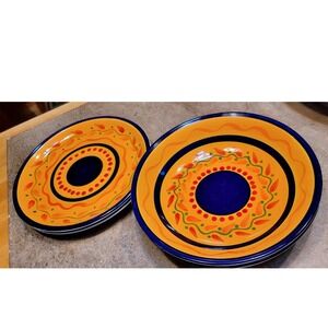 Libbey Salsa 2 Hand Painted Ceramic Plates & 2 bowls Yellow Blue Floral Pattern